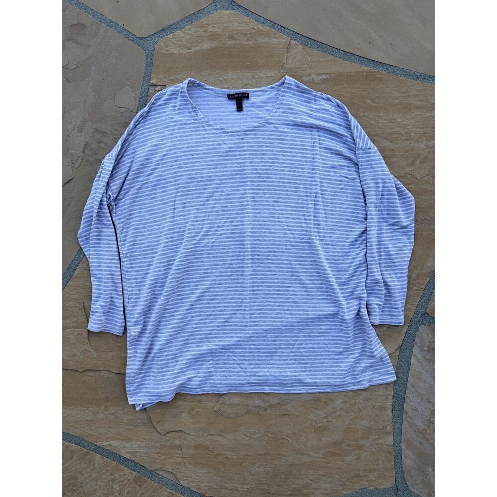 EILEEN FISHER Top M Tencel Soft Striped Long Sleeve Gray
